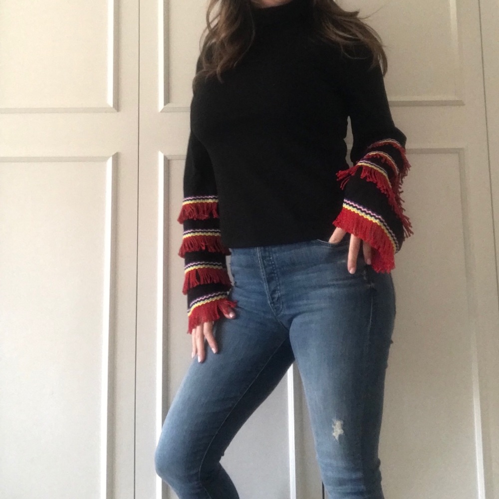 Mock Turtleneck Embellished Trumpet Sleeve Top